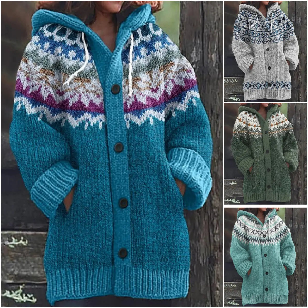 🔥 50% SLEVA 🔥 ✨ Nový dámský pletený svetr s kapucí, geometrickým vzorem a zapínáním na knoflíky, ideální na podzim a zimu, velikosti S–5XL.